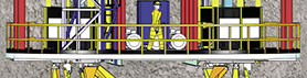 Shaft bottom drilling by means of stage mounted drill rigs